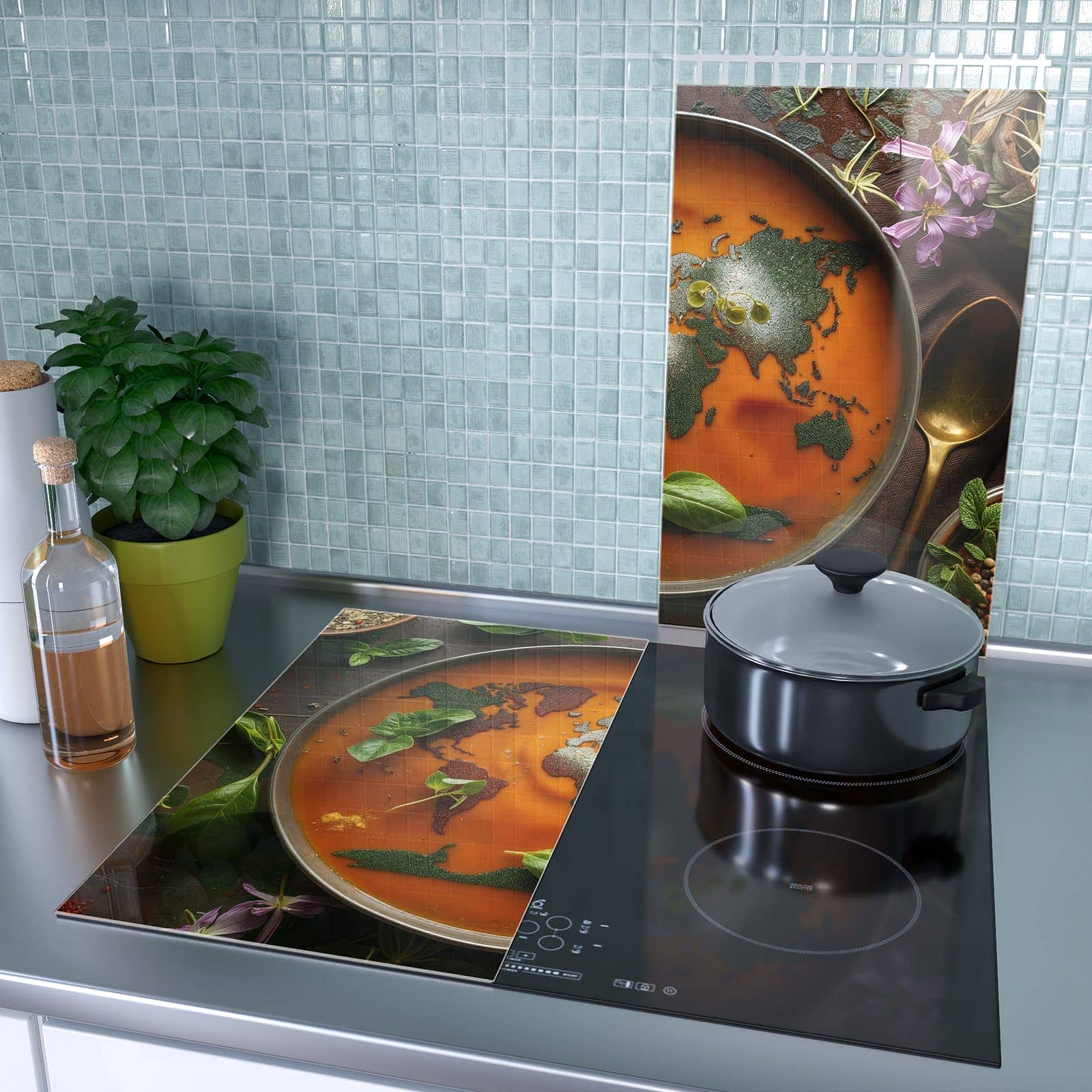 2-teilige Herdabdeckplatten mit Weltkarte Suppe-Motiv als Spritzschutz hinter dem Kochfeld