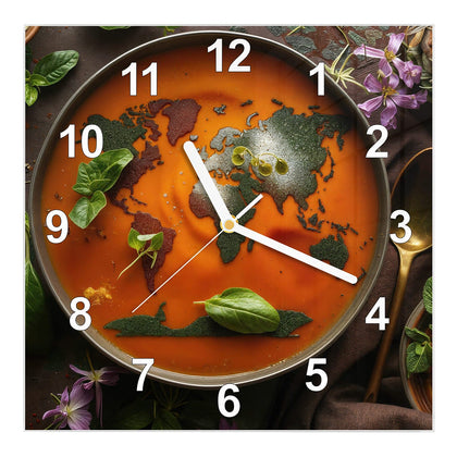 Wanduhr Quadratisch mit dem Motiv Suppe mit Weltkarte