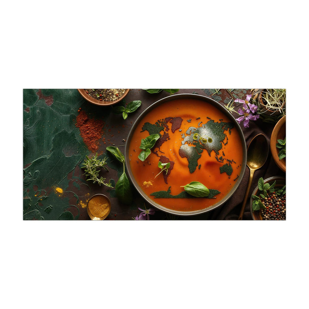 Küchenrückwand aus Glas Suppe mit Weltkarte im Hochformat, Motiv bildfüllend von vorn