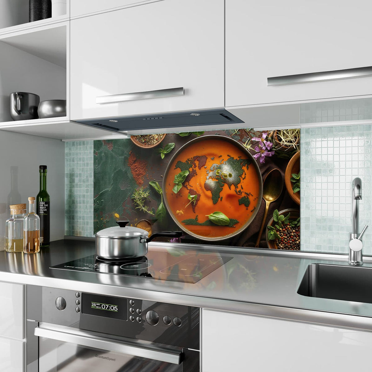 Küchenrückwand aus Glas Suppe mit Weltkarte im Hochformat als Spritzschutz hinter dem Kochfeld, über dem Fliesenspiegel montiert