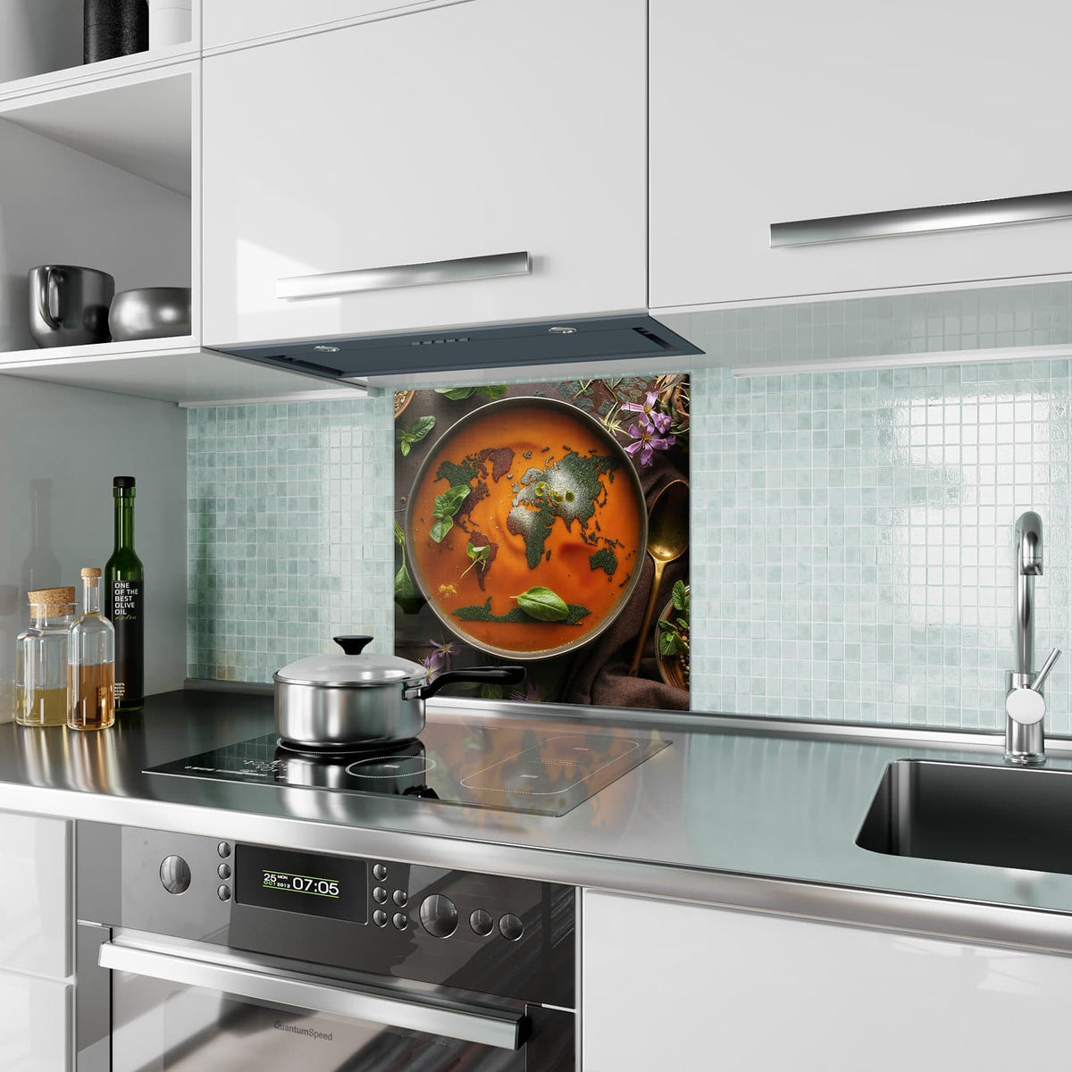 Küchenrückwand aus Glas Suppe mit Weltkarte im quadratischen Format als Spritzschutz hinter dem Kochfeld, über dem Fliesenspiegel montiert