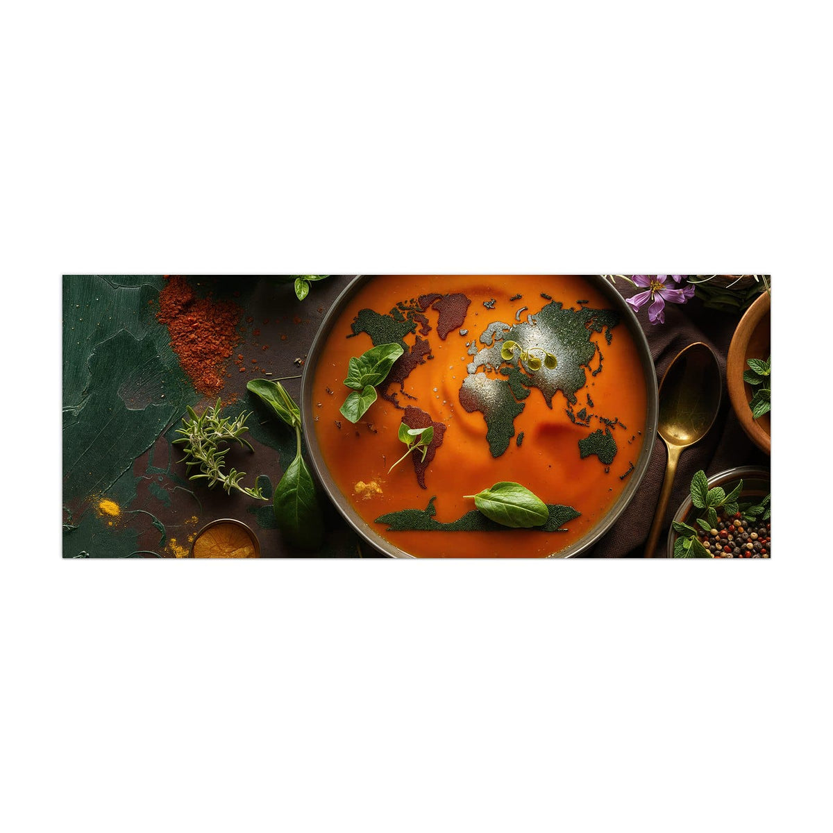 Küchenrückwand aus Glas Suppe mit Weltkarte im Hochformat, Motiv bildfüllend von vorn