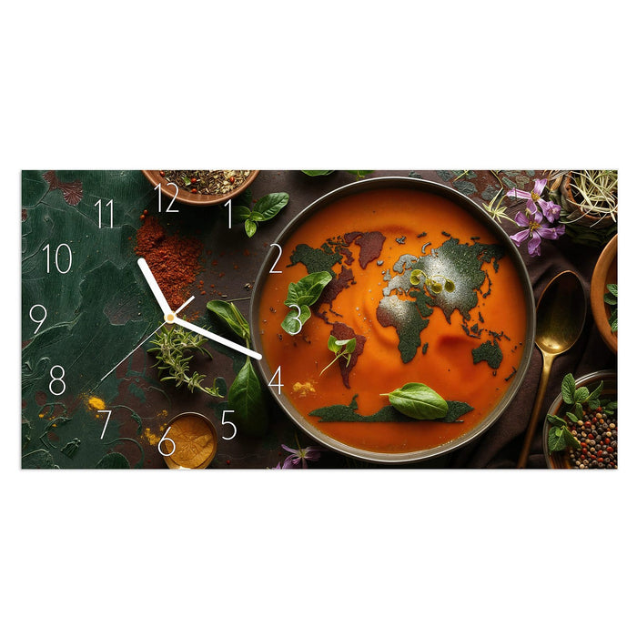 Wanduhr Weltkarte Suppe aus Glas – Querformat 60 × 30 cm mit Ziffernblatt Elegant