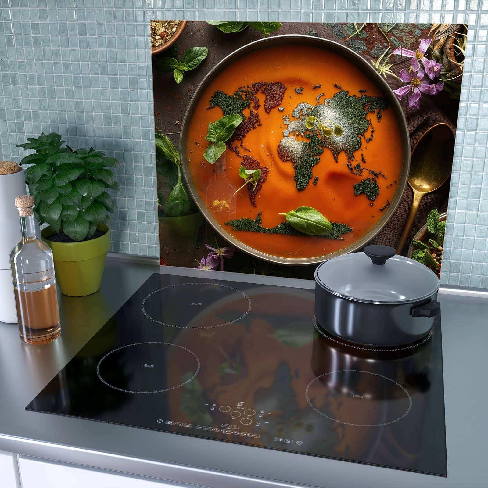 1-teilige Herdabdeckplatte aus Glas mit Weltkarte Suppe-Motiv als Spritzschutz hinter dem Kochfeld