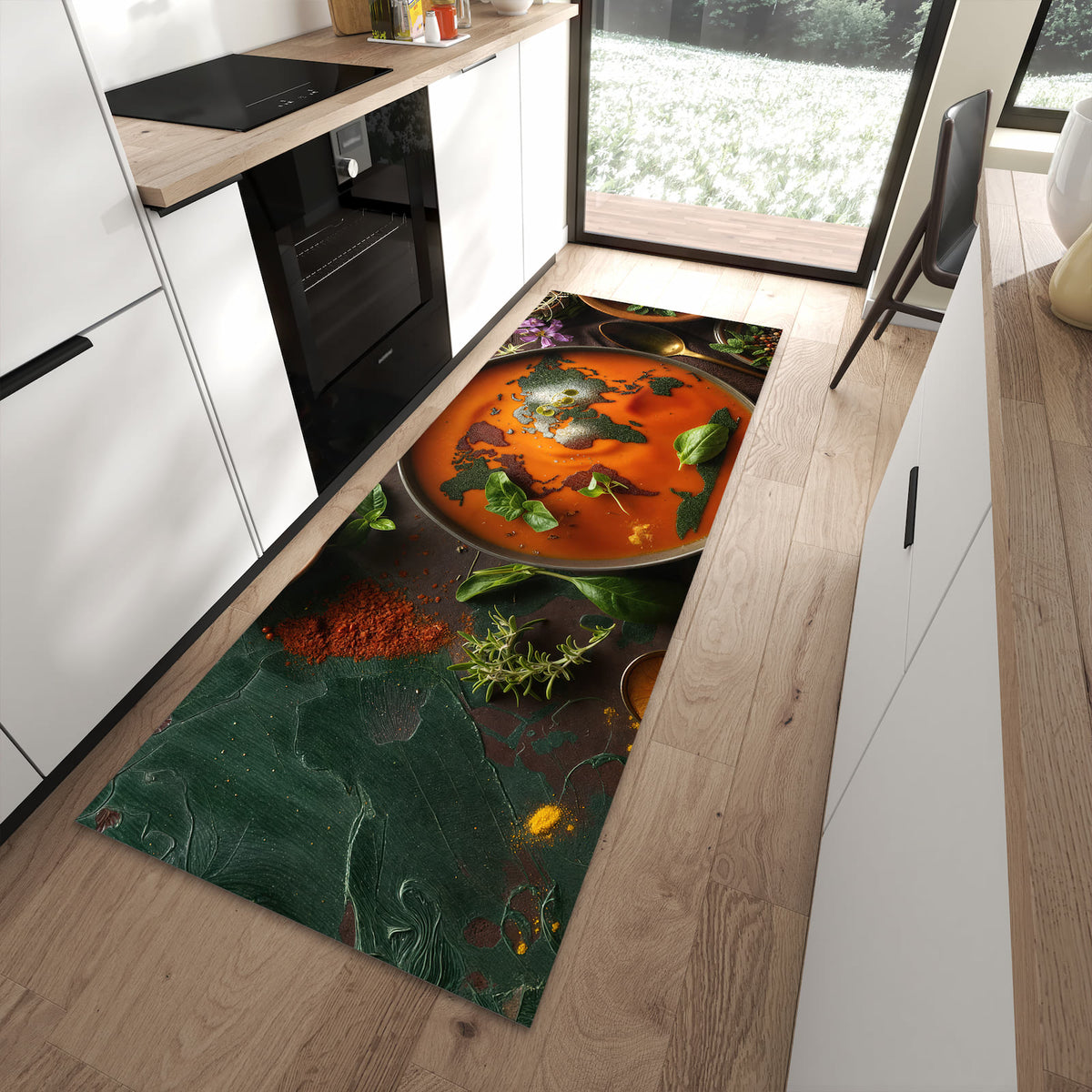Bodenschonender Küchenteppich mit Motiv Weltkarte Suppe in moderner Küche