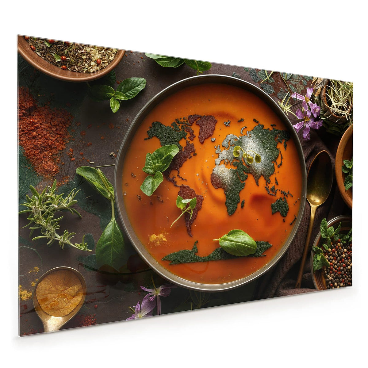Küchenrückwand aus Glas im Hochformat: Orange Suppe in dunkler Schale, aus Kräutern und Gewürzen ist eine Weltkarte gelegt, ringsum Basilikum und Blüten.
