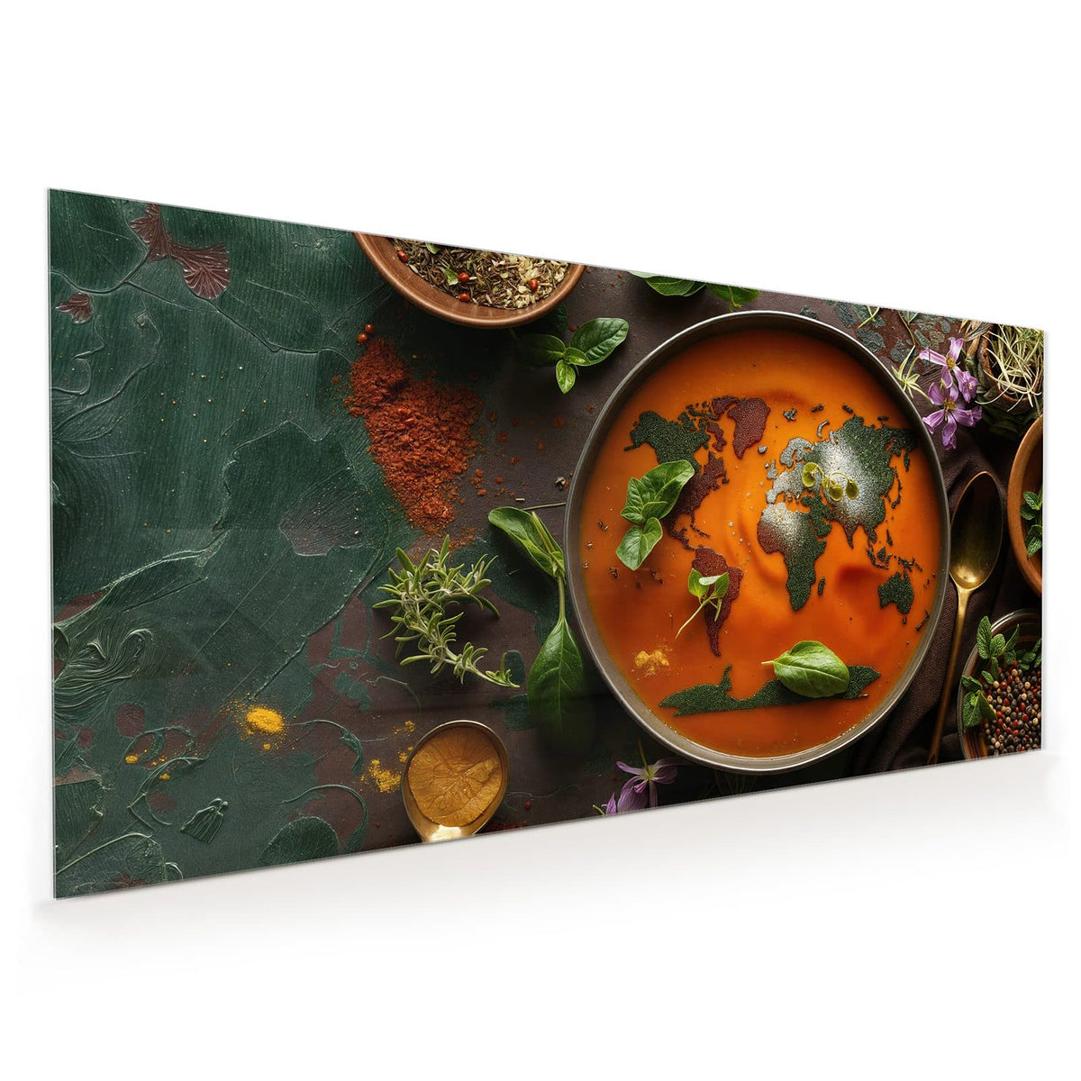 Küchenrückwand aus Glas im Hochformat: Orange Suppe in dunkler Schale, aus Kräutern und Gewürzen ist eine Weltkarte gelegt, ringsum Basilikum und Blüten.