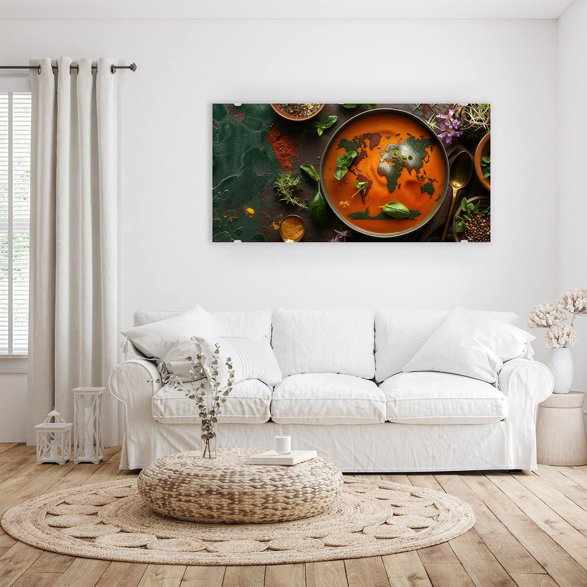 Wandbild - Suppe mit Weltkarte - Querformat – Weltkarte in oranger Suppe