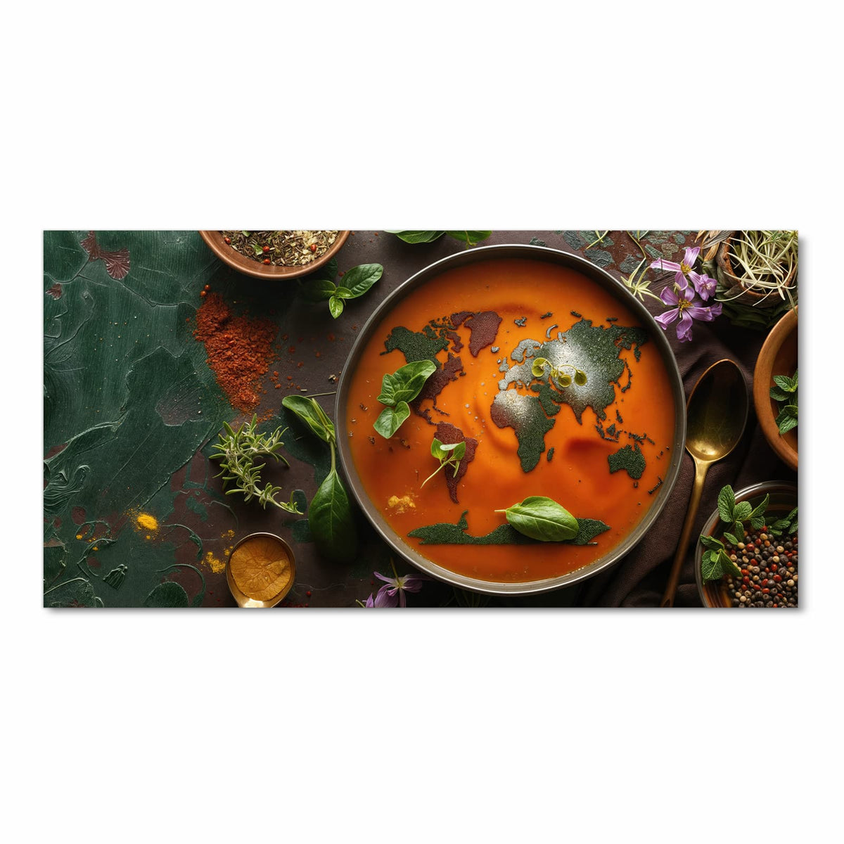Waschbarer Küchenläufer mit Motiv Weltkarte Suppe in Frontansicht für einfache Reinigung