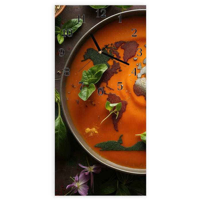 Wanduhr Weltkarte Suppe aus Glas – Hochformat 30 × 60 cm mit Ziffernblatt Klassisch