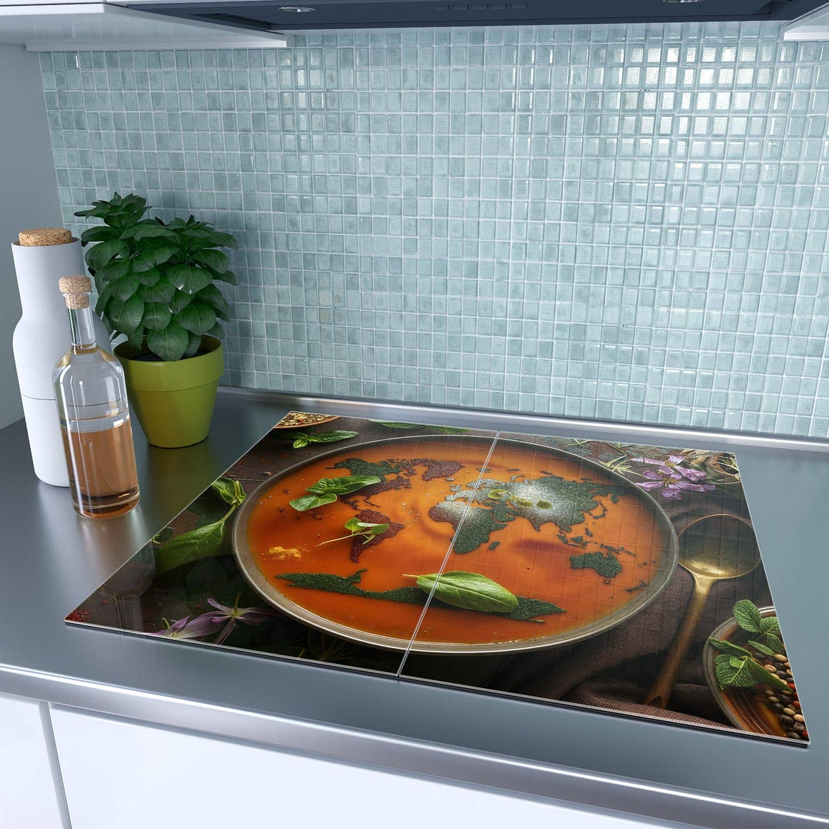 Herdabdeckplatte Suppe mit Weltkarte – Weltkarte in oranger Suppe