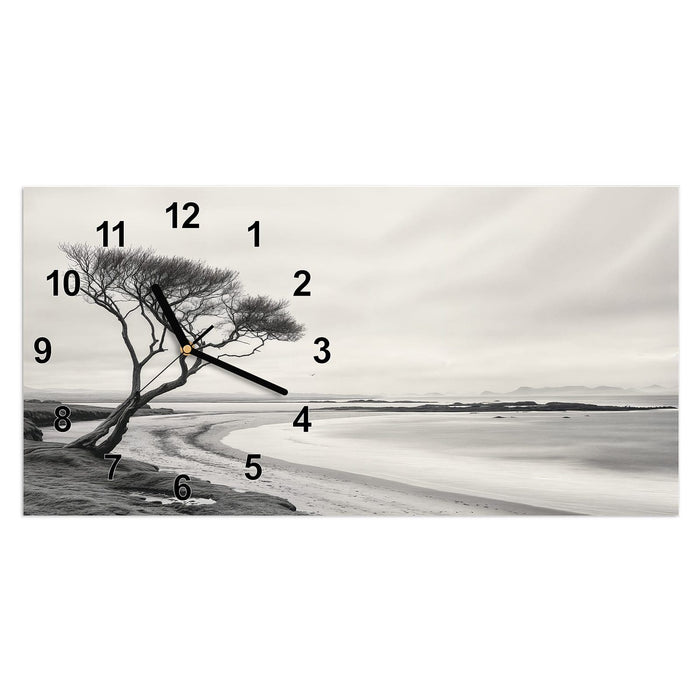 Wanduhr Einsamer Baum am Meer aus Glas – Querformat 60 × 30 cm mit Ziffernblatt Modern