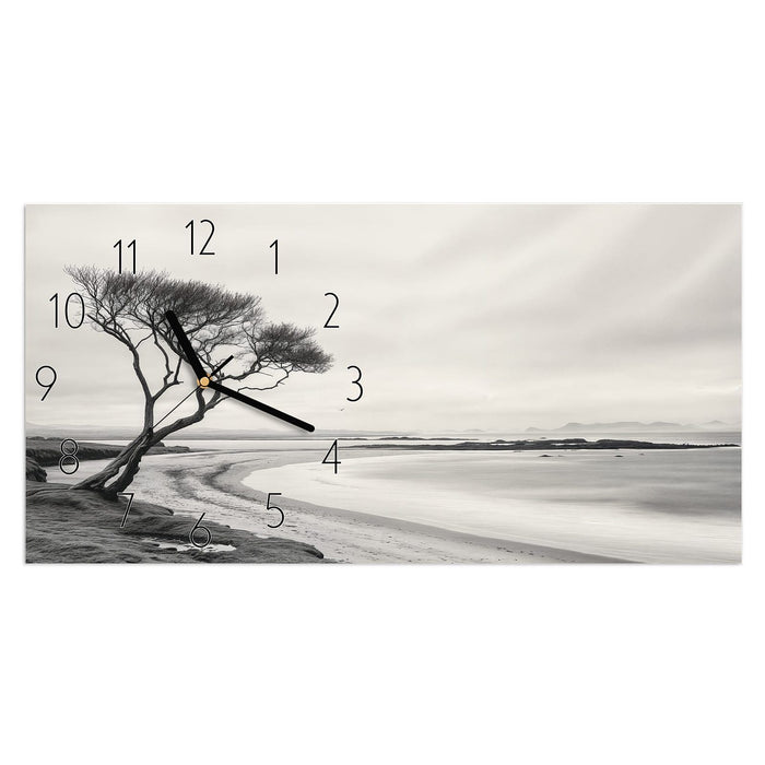 Wanduhr Einsamer Baum am Meer aus Glas – Querformat 60 × 30 cm mit Ziffernblatt Elegant