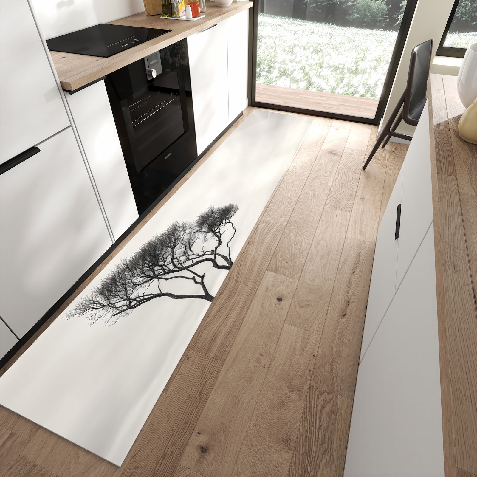 Abriebfester rutschfester Küchenläufer mit Motiv Einsamer Baum am Meer in moderner Küche