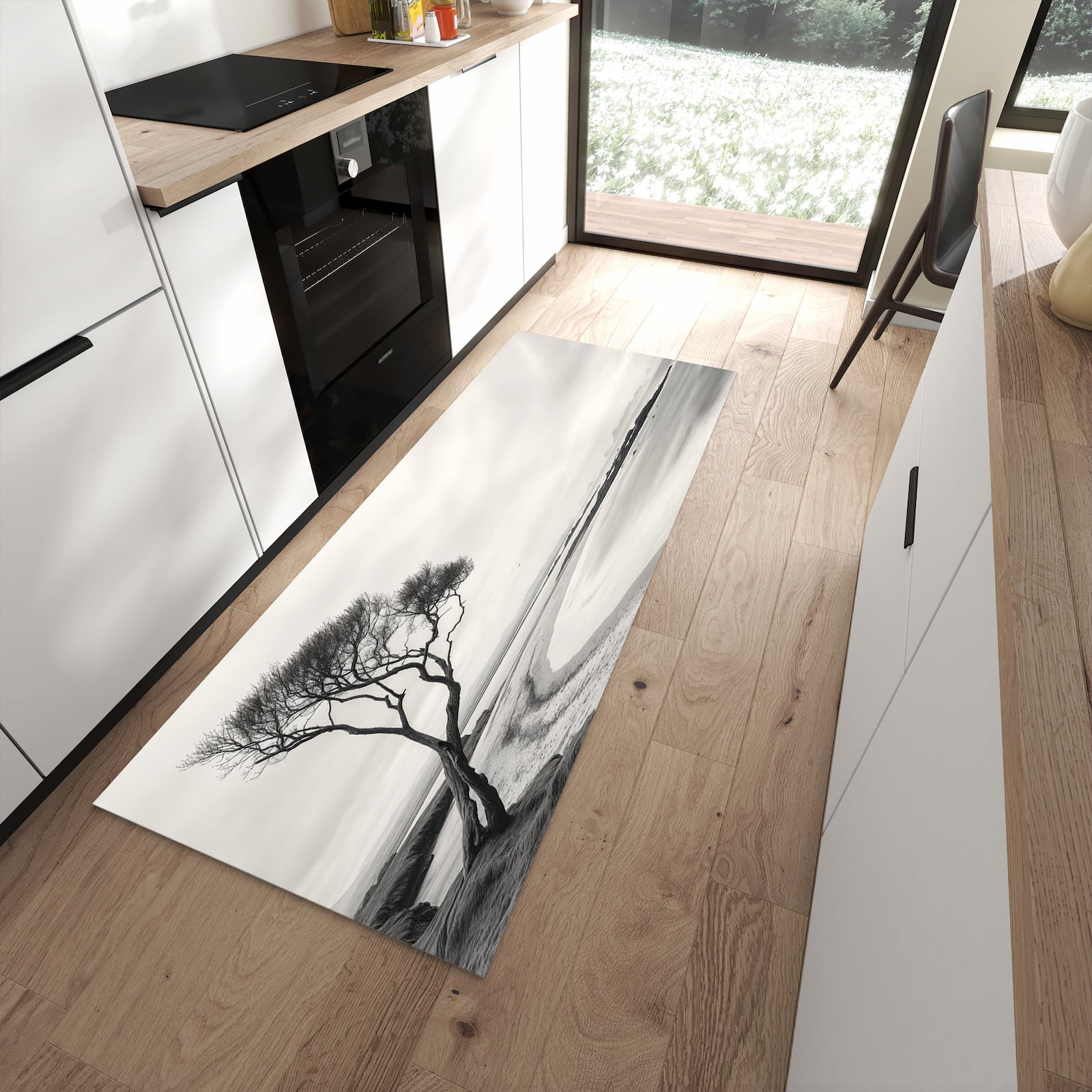 Komfortabler Küchenläufer nach Maß mit Motiv Einsamer Baum am Meer in moderner Küche