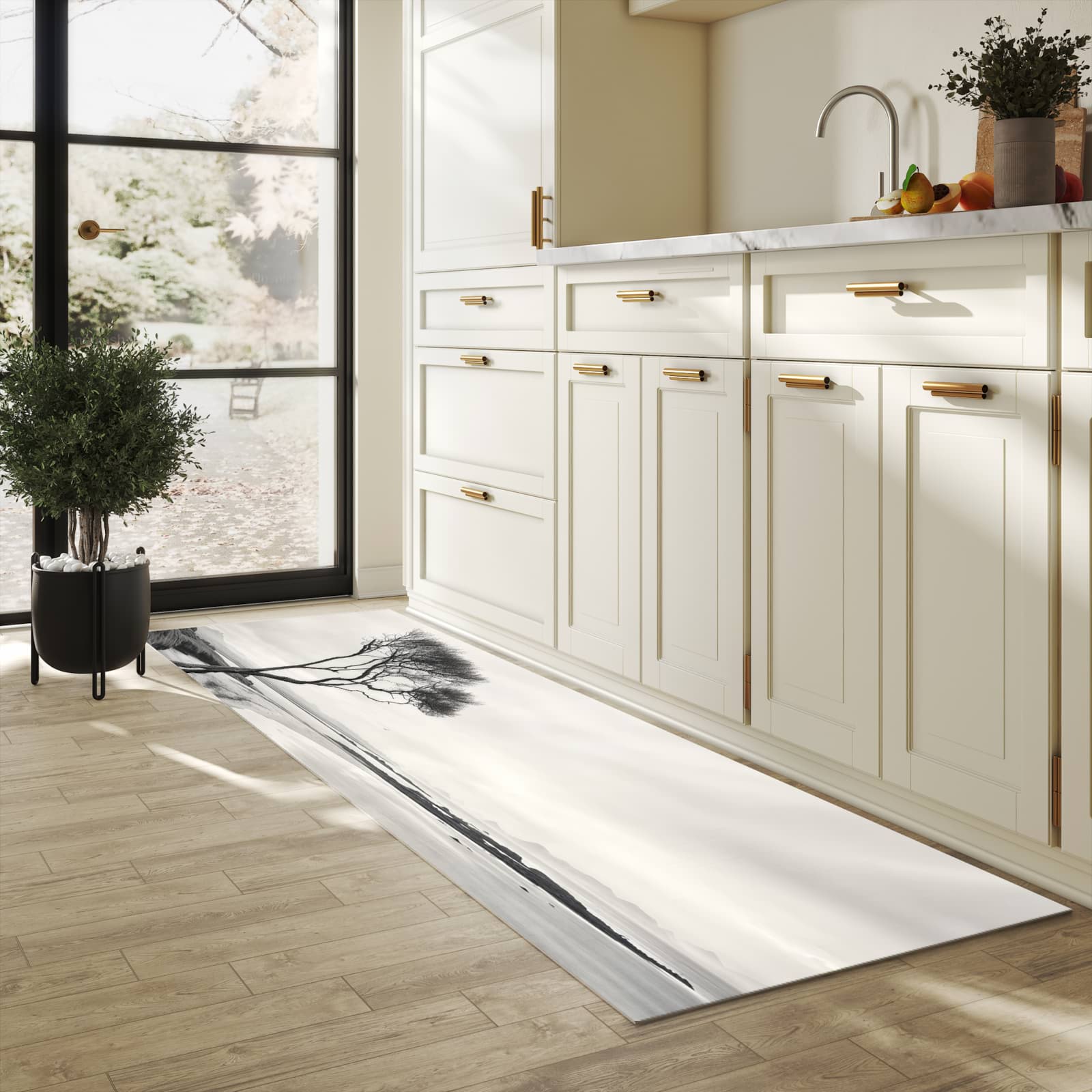 Bodenläufer mit Motiv Einsamer Baum am Meer für angenehme Haptik in heller Küche