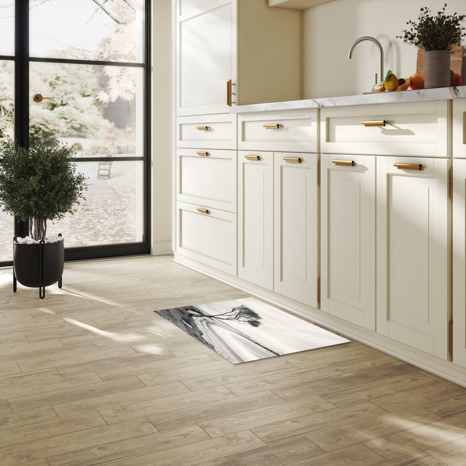 Komfortabler Teppich fürs Esszimmer mit Motiv Einsamer Baum am Meer in heller Küche, waschbar