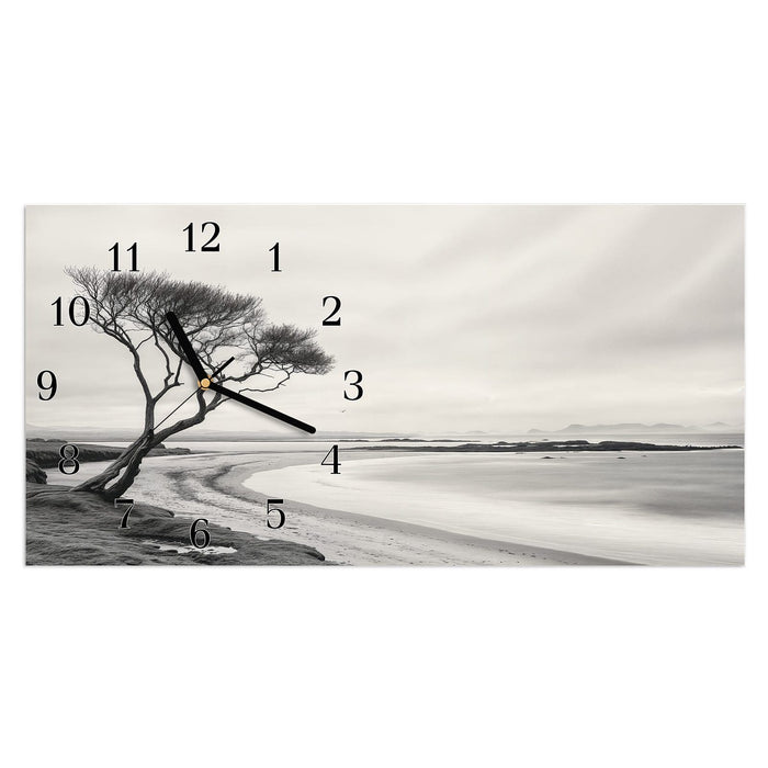 Wanduhr Einsamer Baum am Meer aus Glas – Querformat 60 × 30 cm mit Ziffernblatt Klassisch