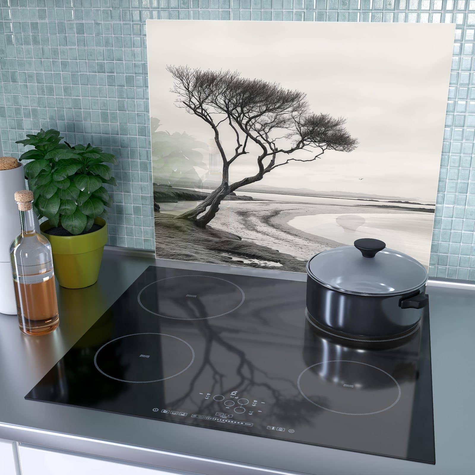 1-teilige Glasplatte für Herd mit Einsamer Baum am Meer-Motiv als Spritzschutz hinter dem Kochfeld