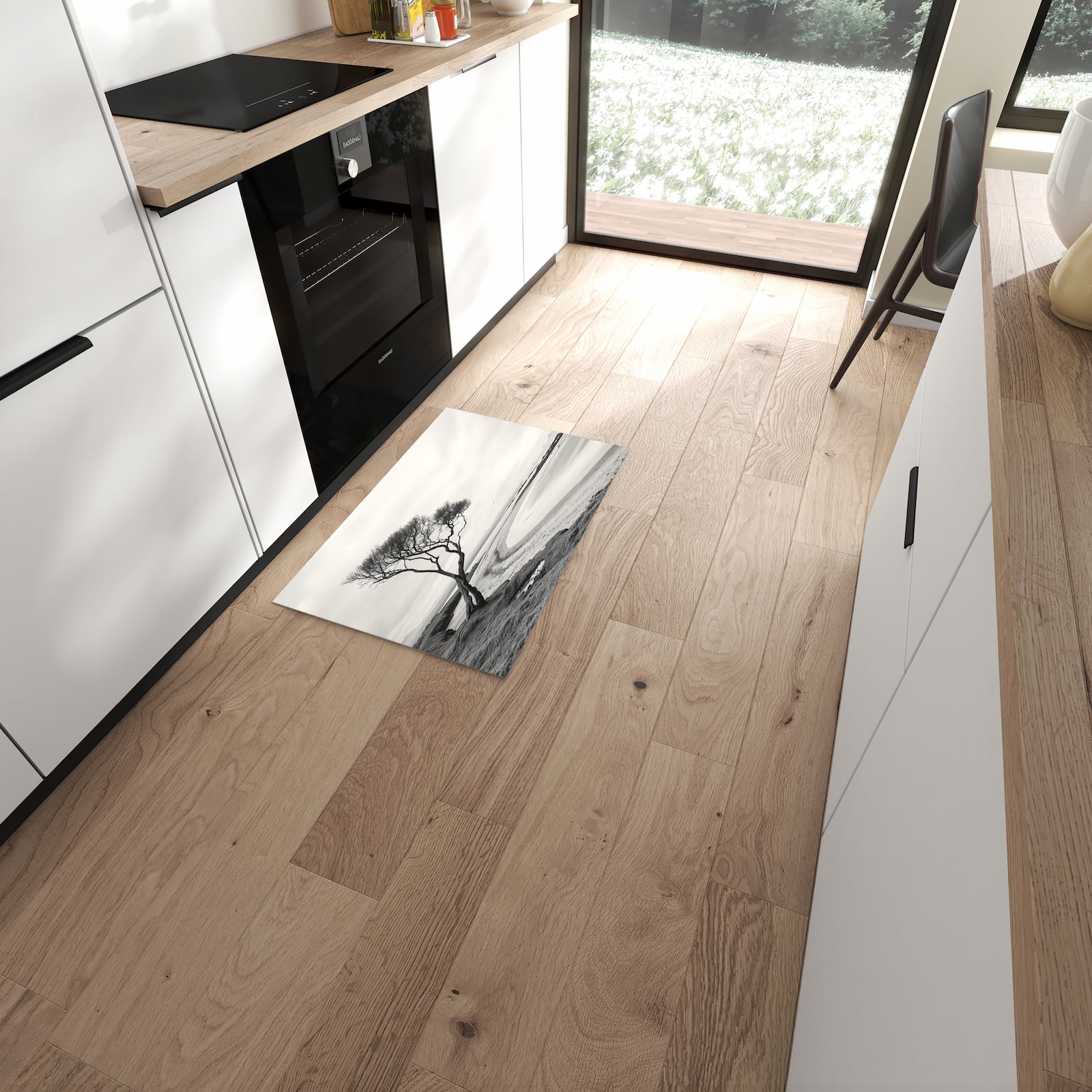 UV-beständiger Küchenläufer mit Motiv Einsamer Baum am Meer in moderner Küche