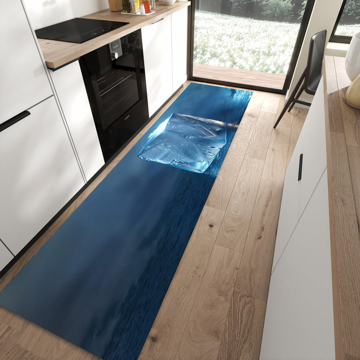 Fleckenresistenter moderner Küchenläufer mit Motiv Eiswürfel in moderner Küche