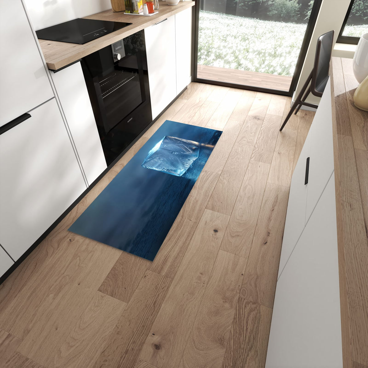 Farbbeständiger waschbarer Küchenläufer mit Motiv Eiswürfel in moderner Küche #grösse_60 x 150 cm