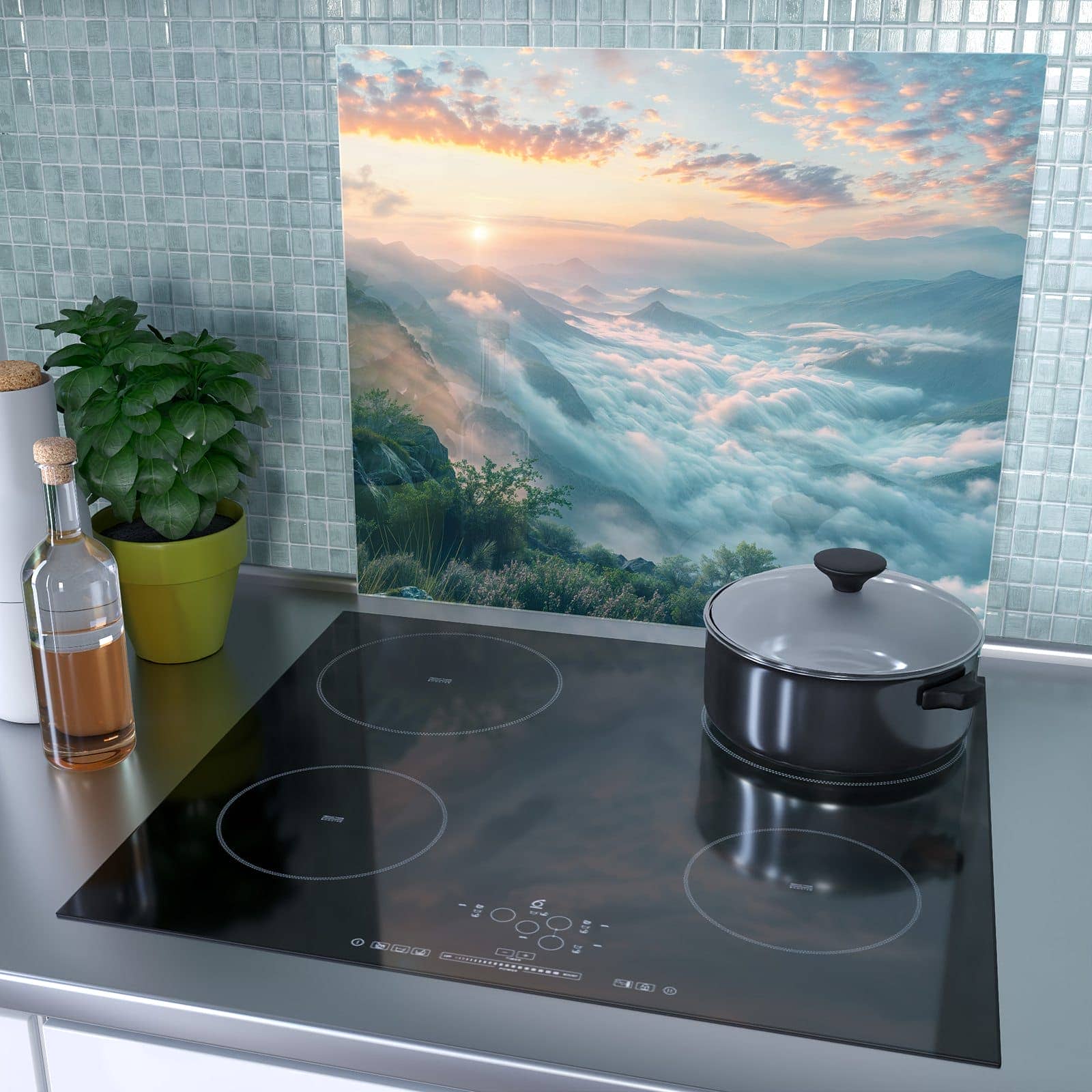 1-teilige Abdeckplatten für Ceranfeld mit Morgennebel in Bergen-Motiv als Spritzschutz hinter dem Kochfeld