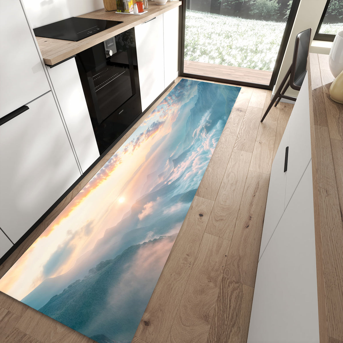Bodenschonender Küchenteppich mit Motiv Morgennebel in Bergen in moderner Küche