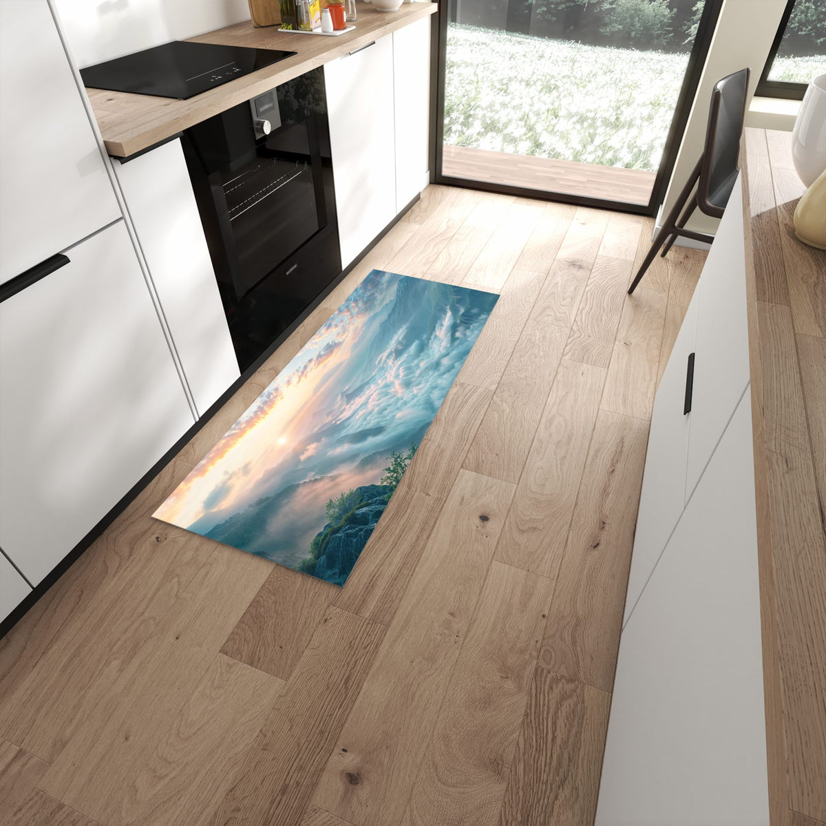 Rutschfester Küchenteppich mit Motiv Morgennebel in Bergen in moderner Küche #grösse_60 x 150 cm