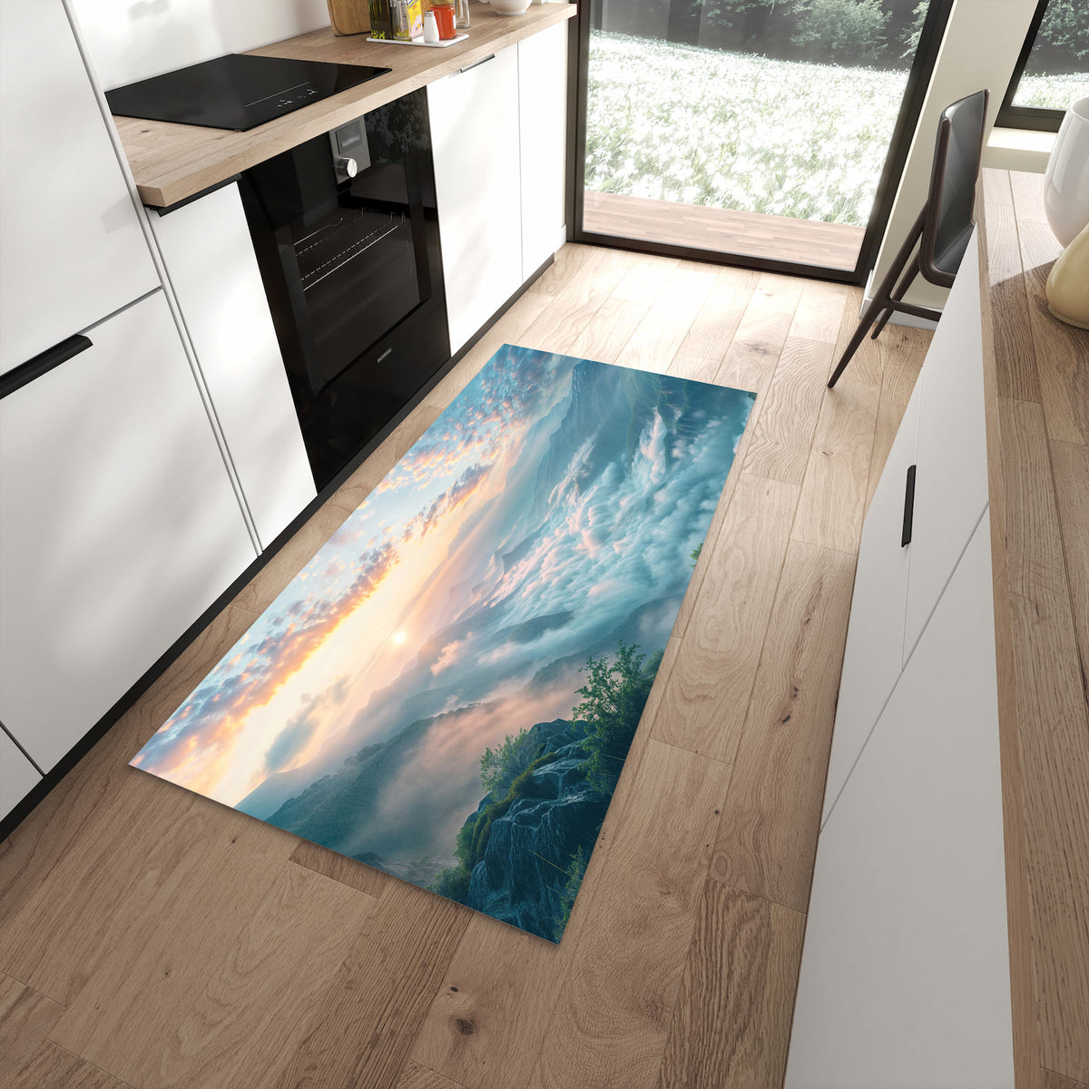 Küchenteppich mit Motiv Morgennebel in Bergen für Ordnung in moderner Küche