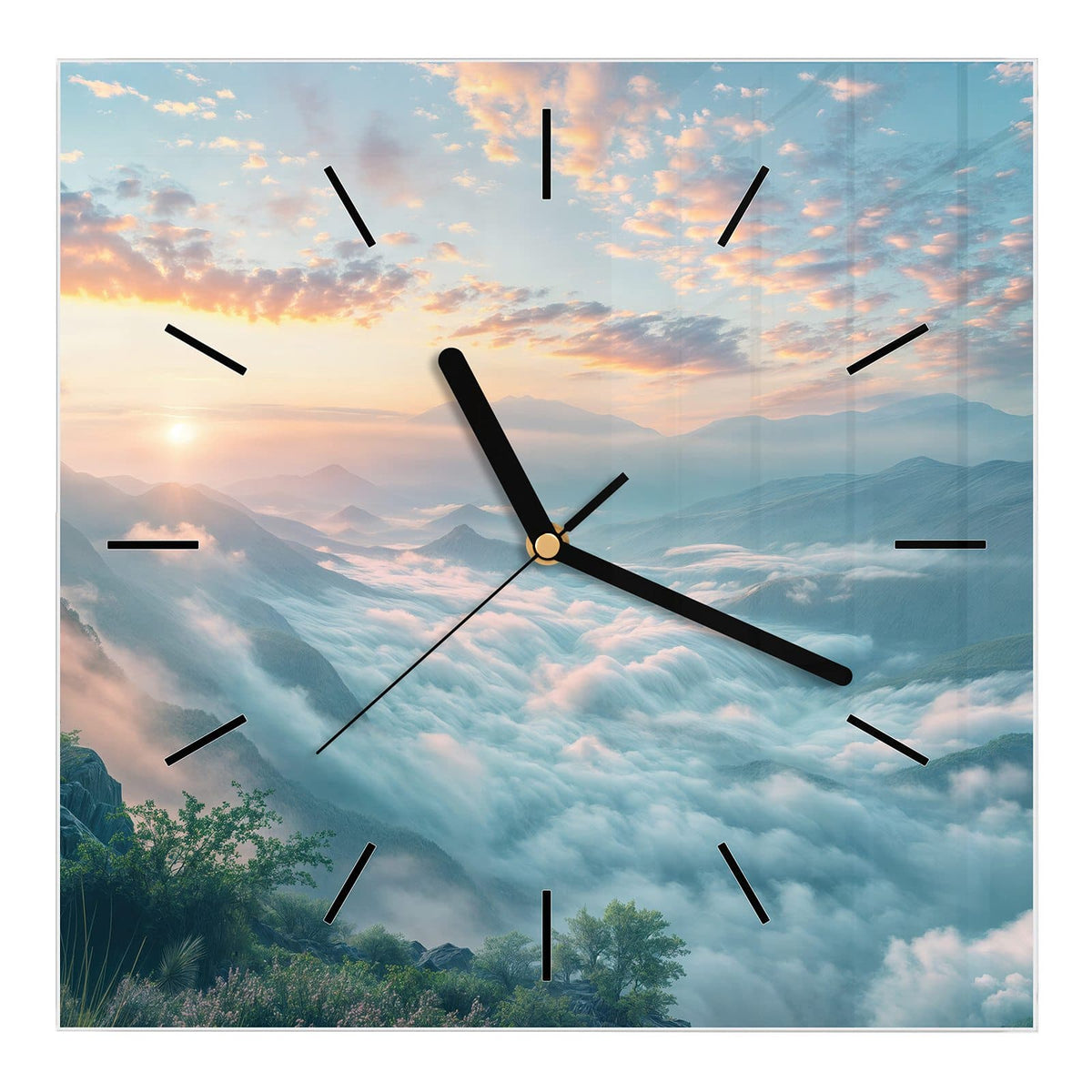 Wanduhr aus Glas, Ziffernblatt Linie mit Motiv Wolkenmeer am Morgen: Sonnenaufgang über Bergketten, die Täler vollständig mit einem Wolkenmeer gefüllt