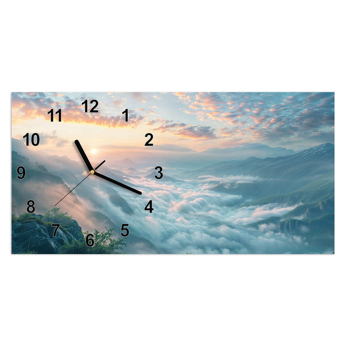 Wanduhr Morgennebel in Bergen aus Glas – Querformat 60 × 30 cm mit Ziffernblatt Modern