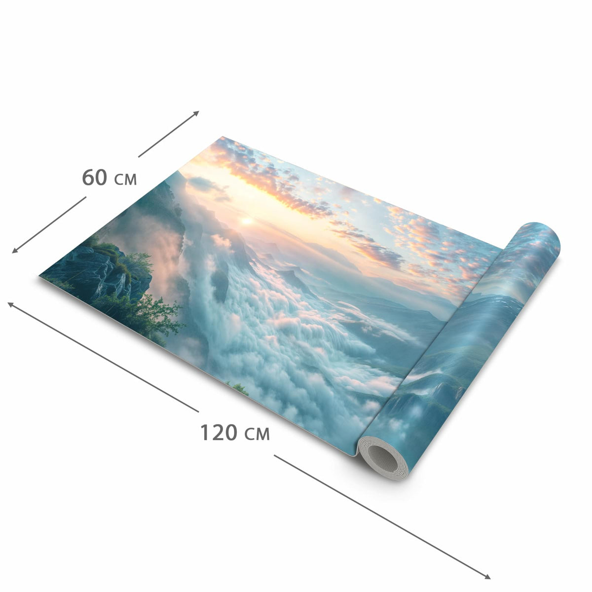 Feuchtigkeitsresistenter Küchenteppich mit Motiv Morgennebel in Bergen in der Grösse 60x90 cm