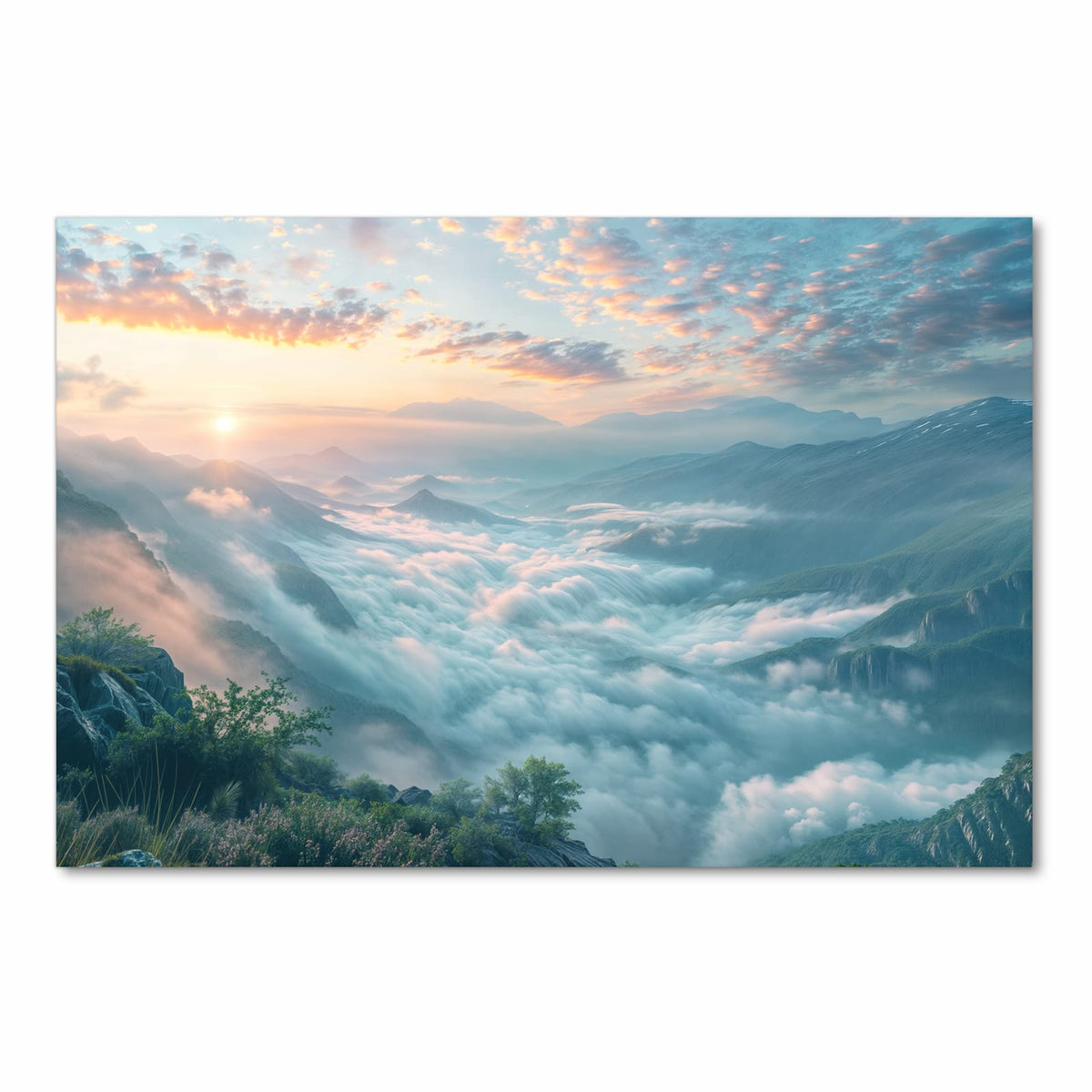 Formstabiler Küchenteppich mit Motiv Morgennebel in Bergen in Frontansicht