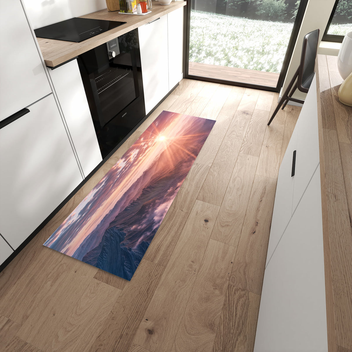 Abwaschbarer Küchenläufer mit Motiv Sonnenaufgang Berge in moderner Küche