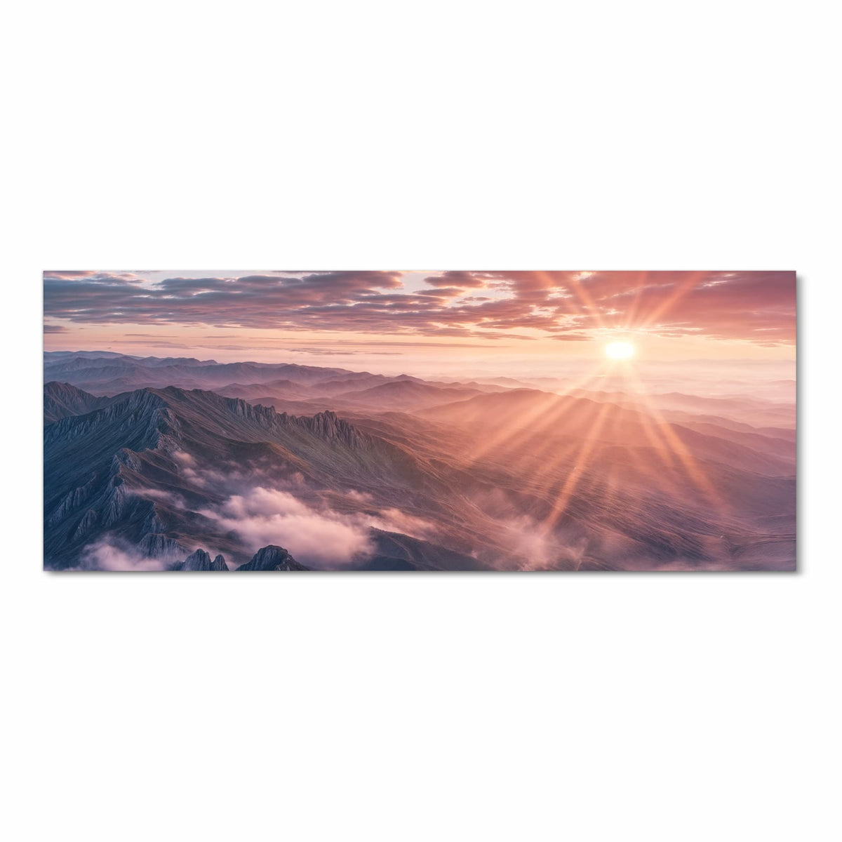 Flacher waschbarer Küchenteppich mit Motiv Sonnenaufgang Berge in Frontansicht
