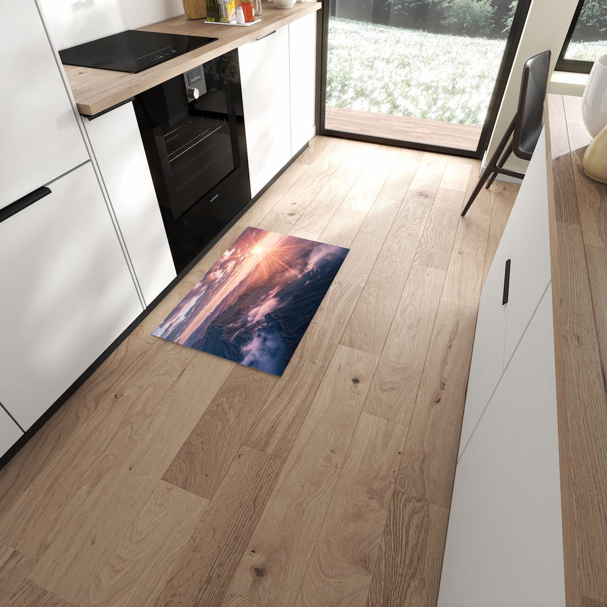 UV-beständiger Teppich für Küche mit Motiv Sonnenaufgang Berge in moderner Küche
