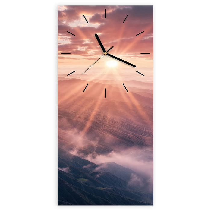 Wanduhr Sonnenaufgang Berge aus Glas – Hochformat 30 × 60 cm mit Ziffernblatt Linie