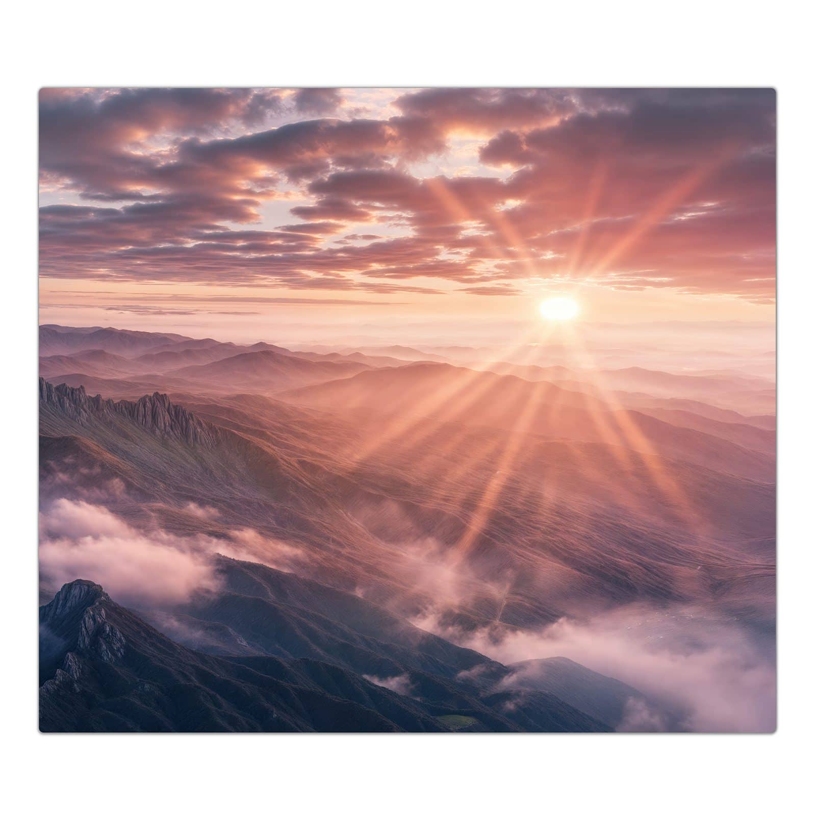 1-teilige Herdabdeckplatte aus Glas mit Sonnenaufgang Berge-Motiv in der Frontansicht