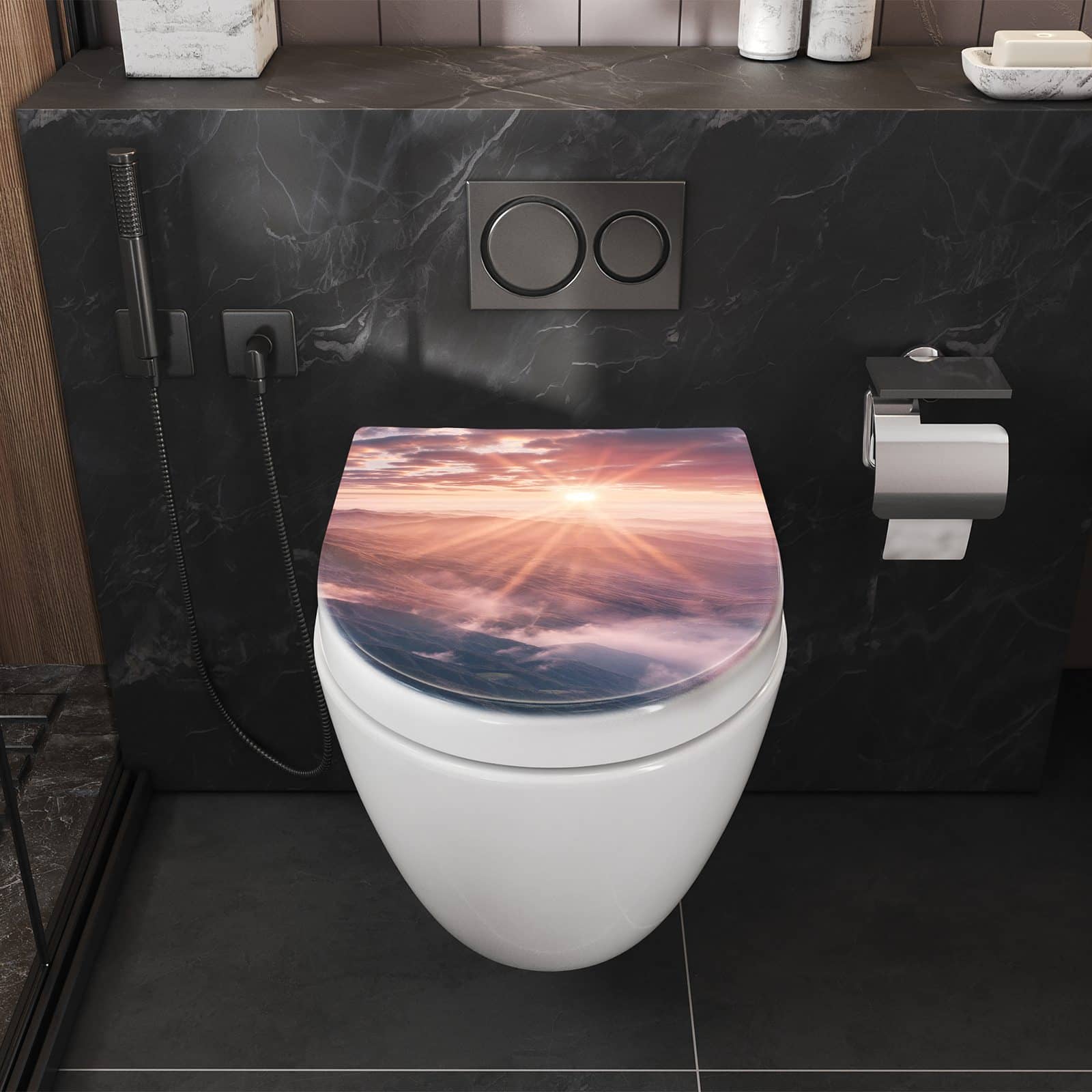 WC-Sitz mit Absenkautomatik Sonnenaufgang Berge