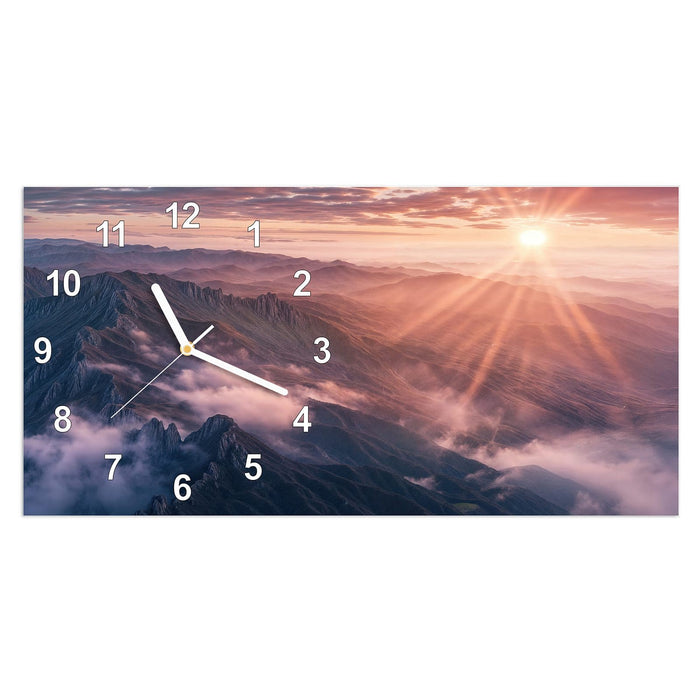 Wanduhr Sonnenaufgang Berge aus Glas – Querformat 60 × 30 cm mit Ziffernblatt Modern