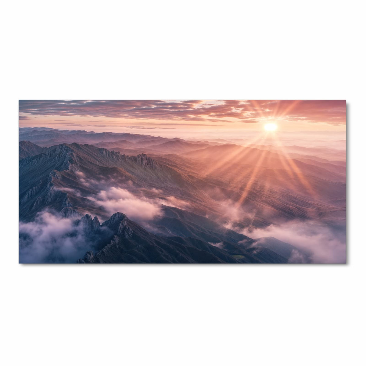 Langlebiger rutschfester Küchenteppich mit Motiv Sonnenaufgang Berge in Frontansicht