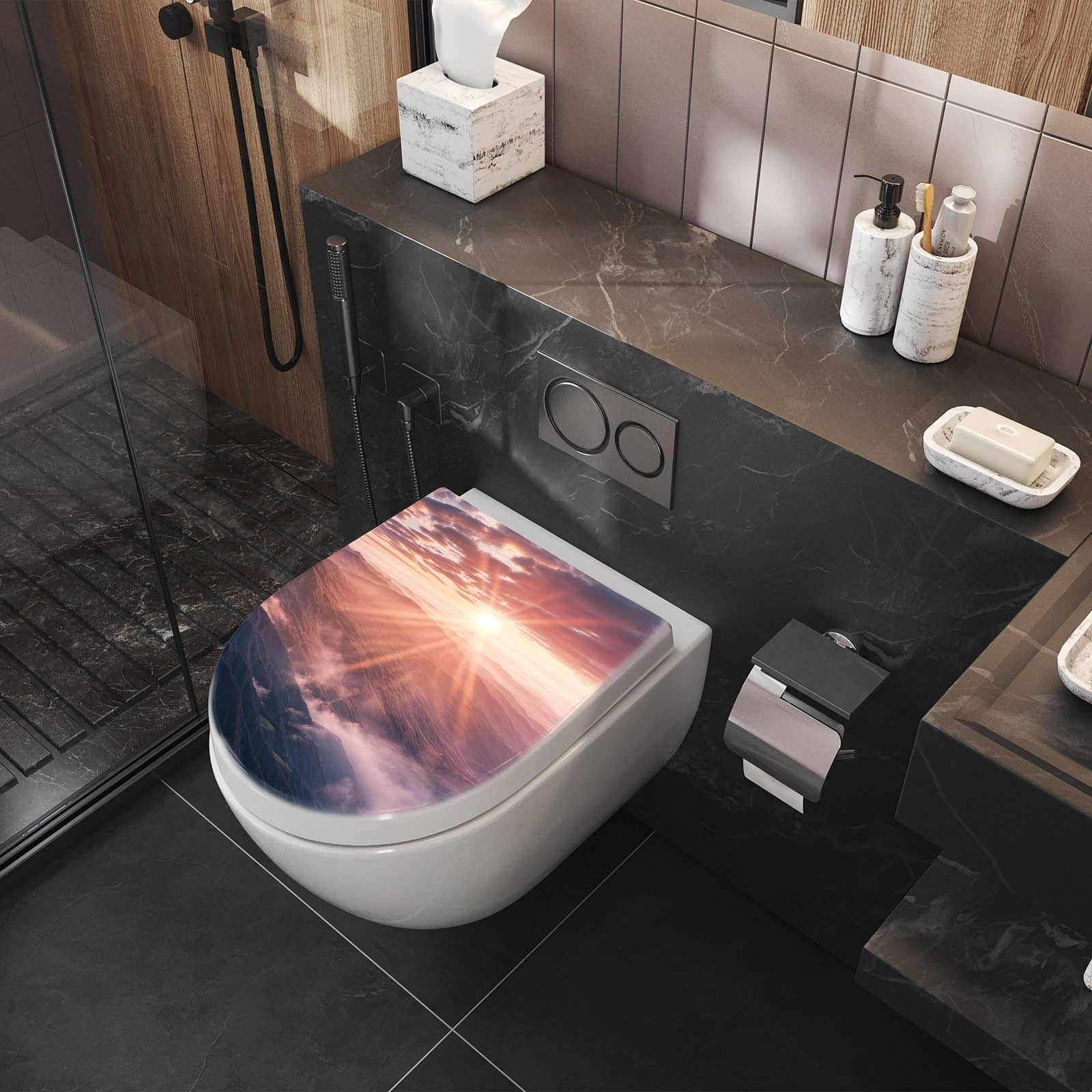 WC-Sitz mit Absenkautomatik Sonnenaufgang Berge