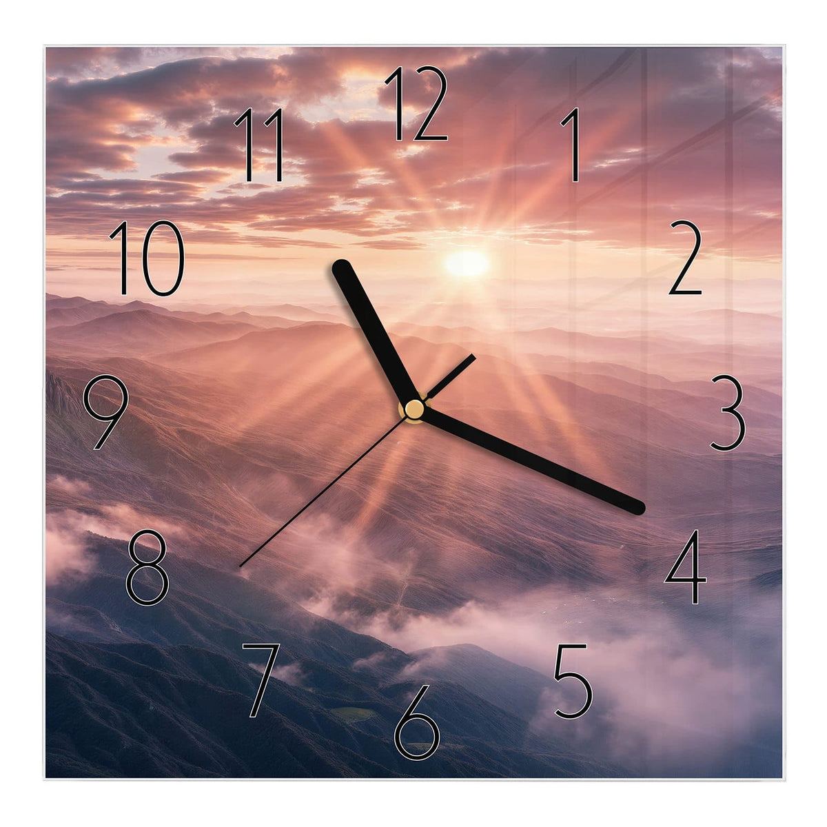Wanduhr aus Glas, Ziffernblatt Elegant mit Motiv Bergkämme im Morgenrot: Sonne mit Strahlenkranz über nebligen Bergkämmen, rosa Wolken. #ziffernblatt_Elegant