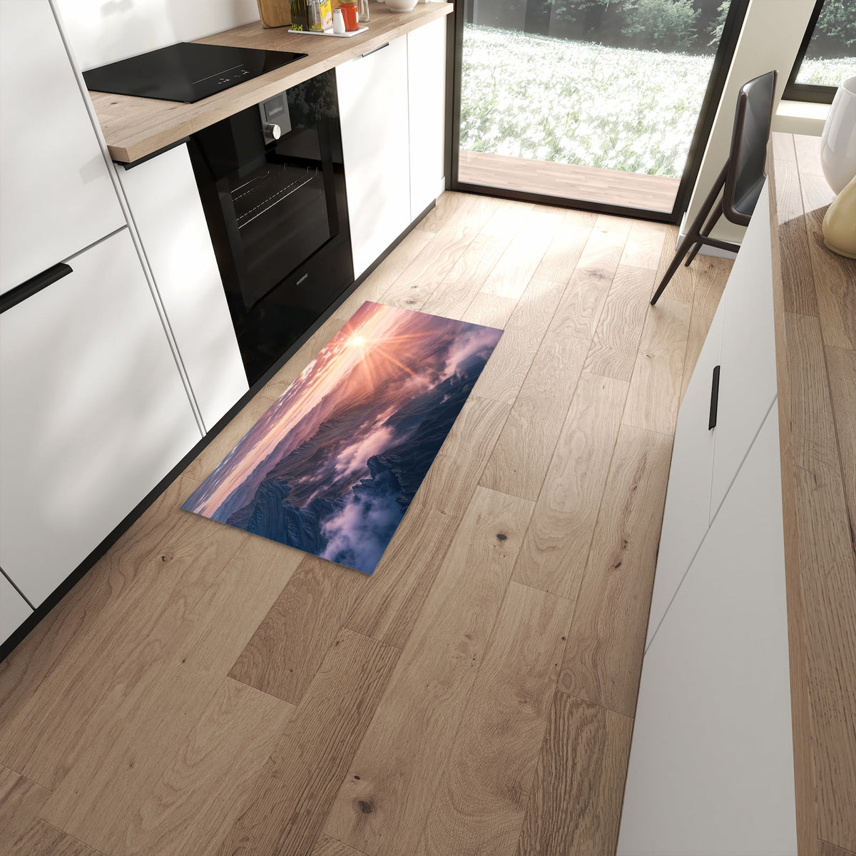 Farbbeständiger Küchenläufer mit Motiv Sonnenaufgang Berge in moderner Küche zum Waschen #grösse_60 x 120 cm
