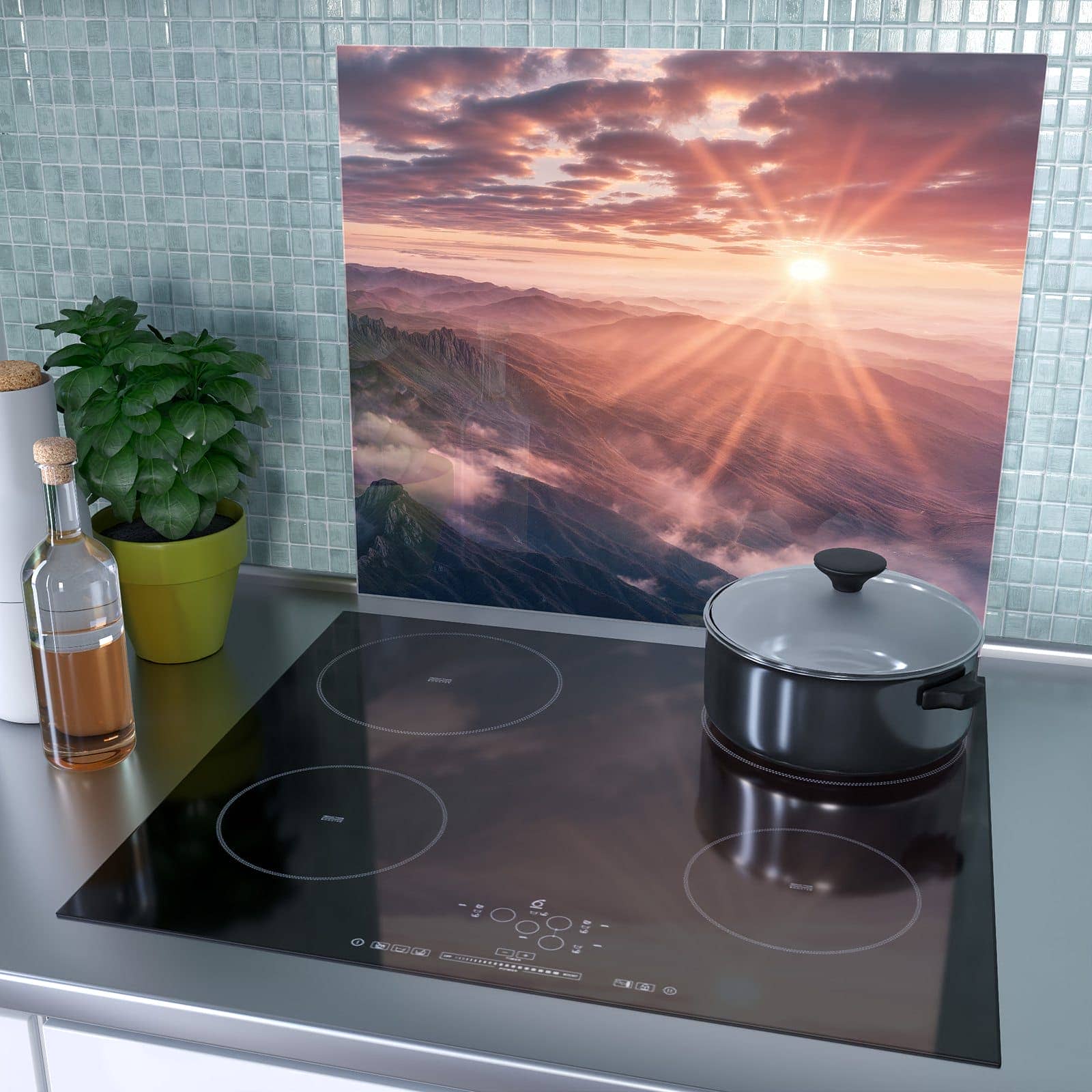 1-teilige Herdabdeckplatte mit Sonnenaufgang Berge-Motiv als Spritzschutz hinter dem Kochfeld