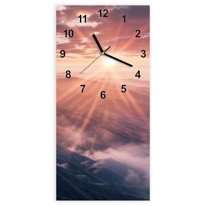 Wanduhr Sonnenaufgang Berge aus Glas – Hochformat 30 × 60 cm mit Ziffernblatt Modern
