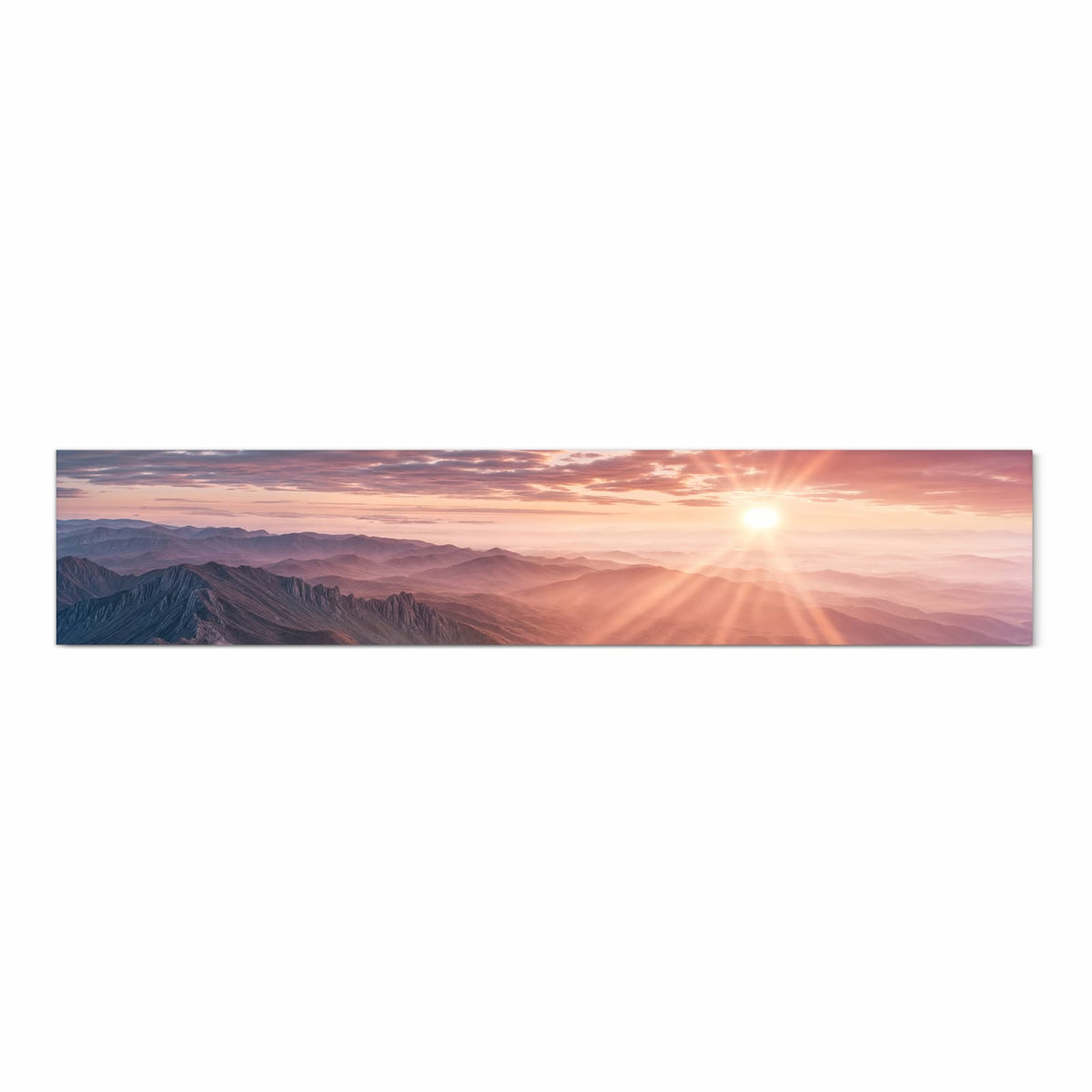 Pflegeleichter Küchenläufer mit Motiv Sonnenaufgang Berge in Frontansicht, rutschfest
