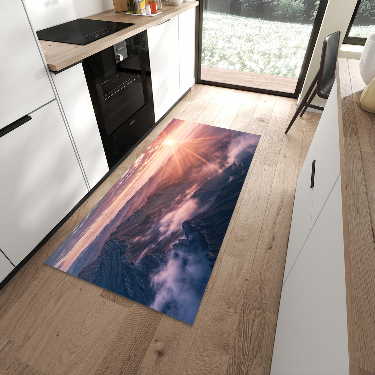 Geruchsneutraler Teppich in Küche mit Motiv Sonnenaufgang Berge in moderner Küche