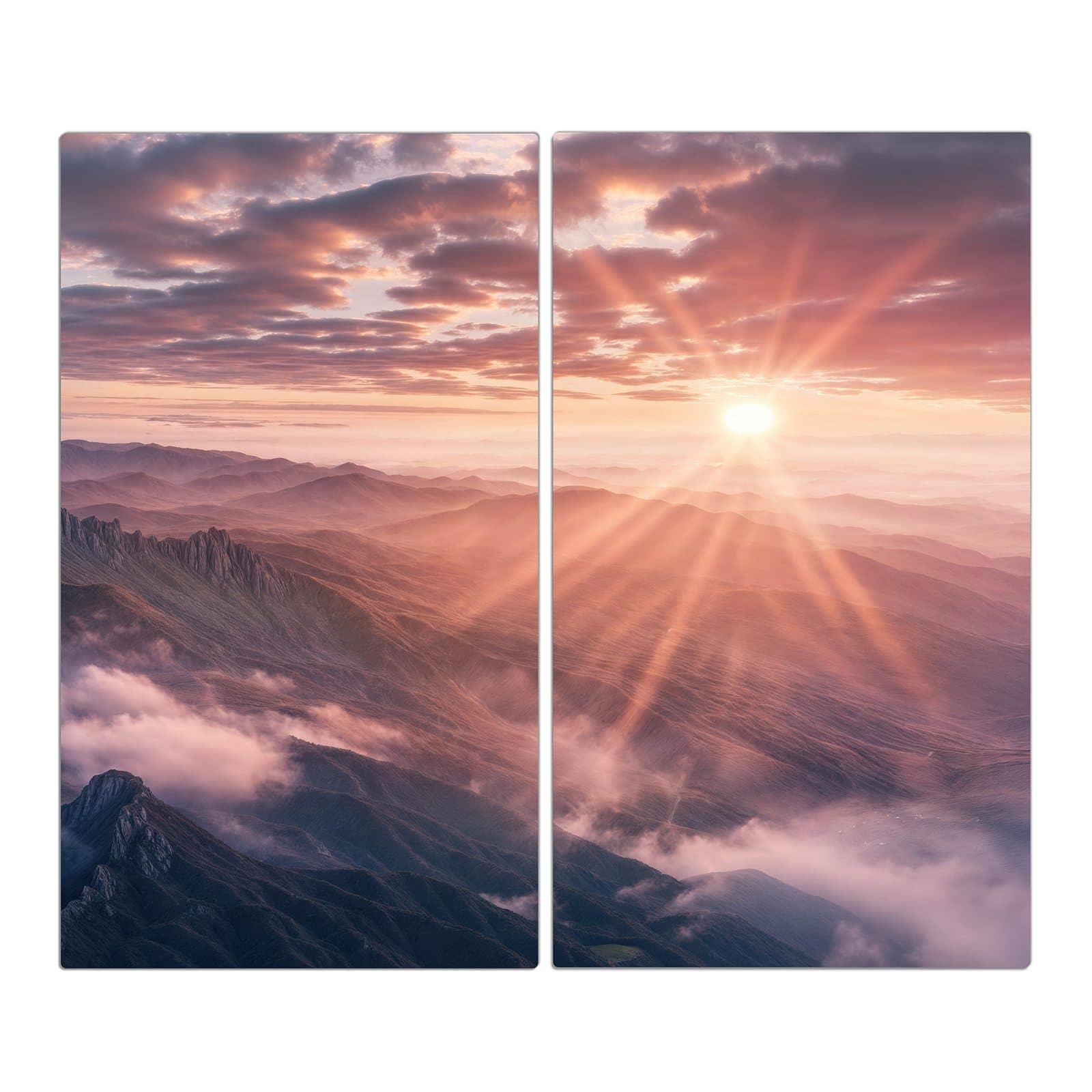 2-teilige Abdeckplatte für Ceranfeld mit Sonnenaufgang Berge-Motiv in der Frontansicht
